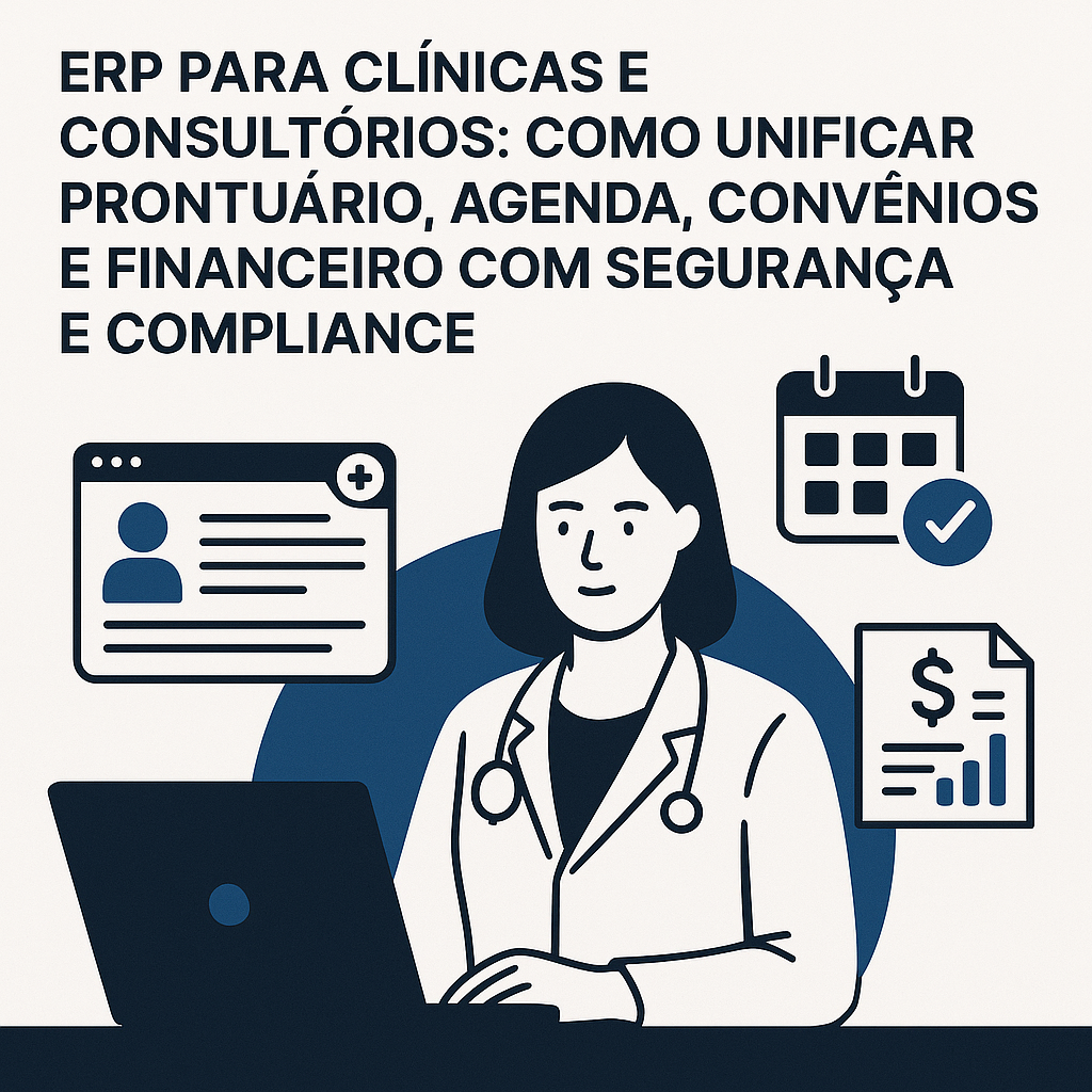 ERP para clínicas e consultórios: como unificar prontuário, agenda, convênios e financeiro com segurança e compliance