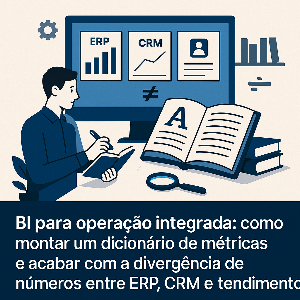 BI para operação integrada: como montar um dicionário de métricas e acabar com a divergência de números entre ERP, CRM e atendimento